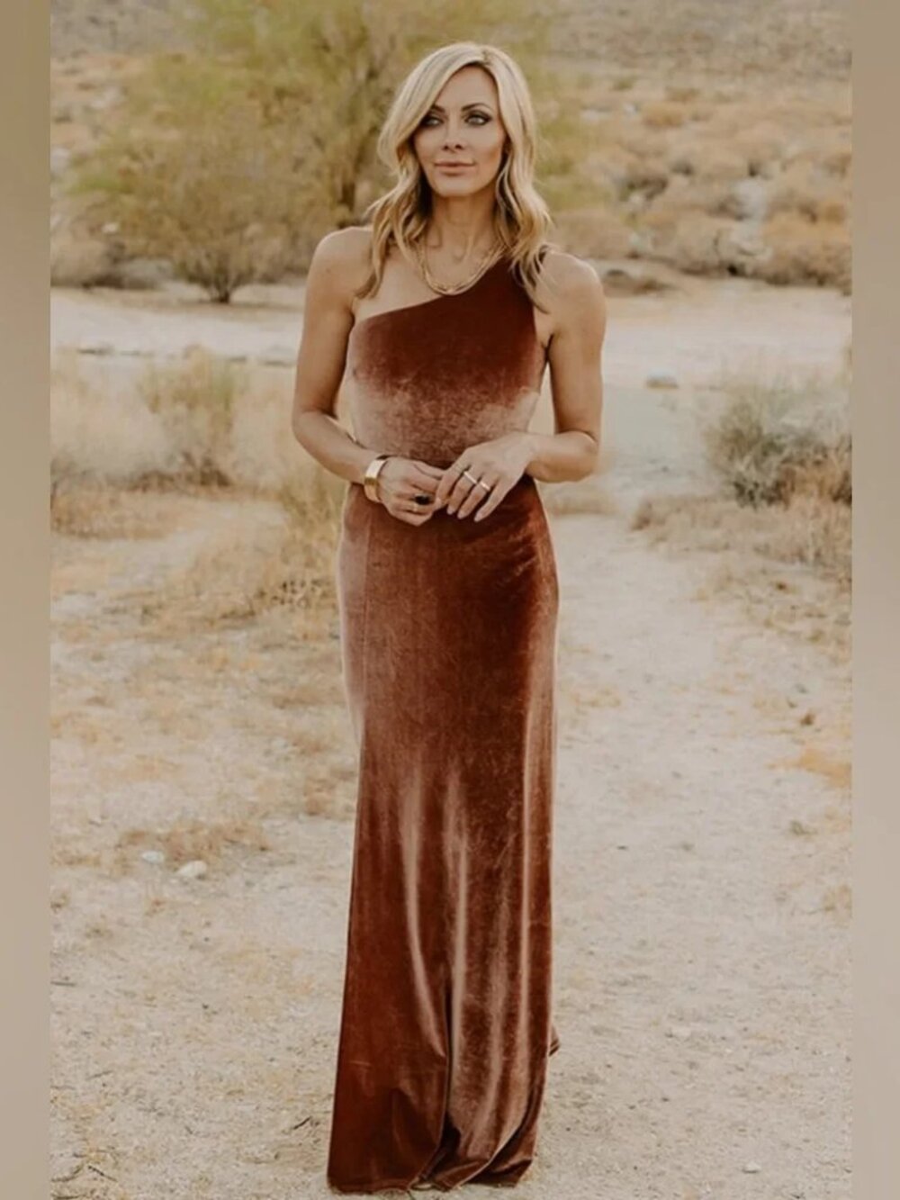 NWT Baltic Born Tatiana Velvet One Shoulder Maxi Dress Bronze Size XS